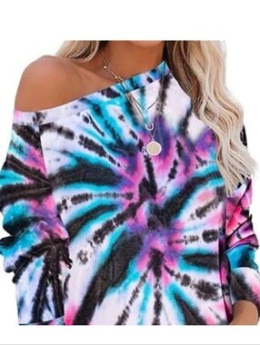 BIBI Blue & Fuchia Tie Dye Abstract Long Sleeve Top Size Medium NWT